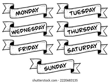 Days name of the week on ribbon hand drawn sketch for element design,stickers etc