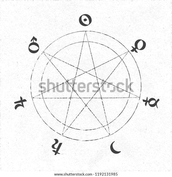 白い背景に黒い背景に星形ヘプタグラムの円の記号クリエイティブコンセプトとサンムーンマーズジュピターの金星と土星の記号 ベクタービンテージグラフィックデザイン のベクター画像素材 ロイヤリティフリー