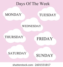 The Days of the week for Baby nursery and kindergarten on White Clouds vector with pink background. Cute lullaby education wallpaper. Graphic design for kids decoration, prints, cards, learning etc.