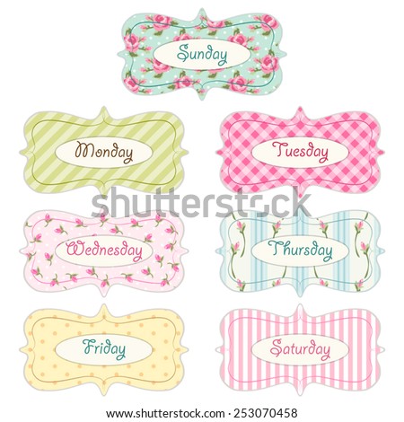 Days of week banners as retro festive frames in shabby chic style ideal for retro diary, calendar or schedule decoration