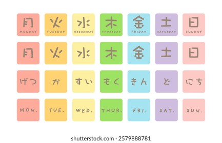 Days of the week, character illustration set Translation: Monday, Tuesday, Wednesday, Thursday, Friday, Saturday, Sunday