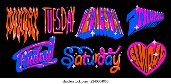 Days of the week colorful funny lettering sticker set isolated on black background for challenge or weekly planner or schedule. Vector illustration