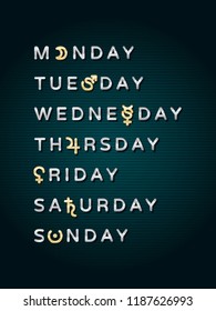 Days of the Week Creative Concept Seven Silver Gold Style Logos with Monday Tuesday Wednesday Thursday Friday Saturday and Sunday Lettering and Astrological Signs Symbols Vector Design