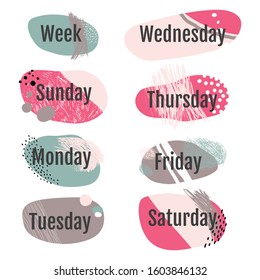 Days of the week for a daily, weekly or planner. Decorative elements.