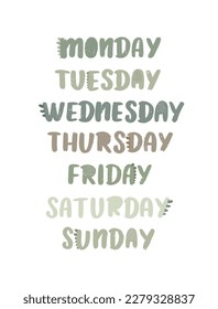 Days of The Week dinosaur nursery design. Kids learning template. Educational poster in montessori style.