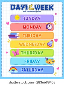 Days of the Week Educational Poster for Kids, Colorful Weekly Chart with Cute Icons for Preschool and Elementary Classroom Learning on Grid Notebook Paper.