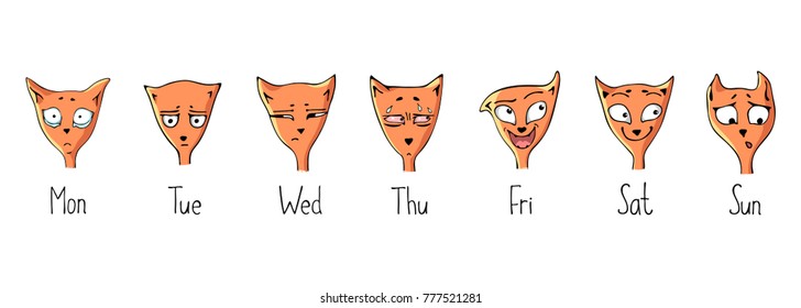 Days of the week with a funny red cat for each day. The vector image is hand-drawn in the style of a cartoon.