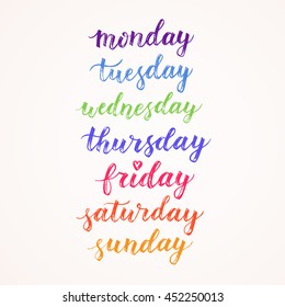 Days of week hand drawn vector lettering. Modern calligraphy. Design element for cards, diary, schedule. Monday, tuesday, wednesday, thursday, friday, sunday, sunday isolated on white background.