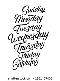 Days of a week hand written lettering. Modern calligraphy for planner or calendar design. Monday, Tuesday, Wednesday, Thursday, Friday, Saturday, Sunday. Isolated on white background. Vector