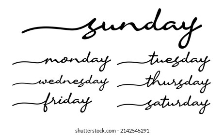 Days of the Week Handwriting Black Lettering Calligraphy Isolated on White Background. Sunday, Monday, Tuesday, Wednesday, Thursday, Friday, Saturday. Greeting Card Vector Illustration.