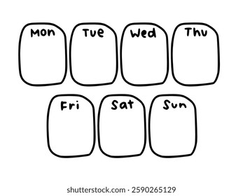 Days of the Week Handwriting Black Lettering Calligraphy Isolated on White Background. Sunday, Monday, Tuesday, Wednesday, Thursday, Friday, Saturday. 