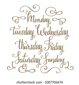 Days of the week handwritten vector calligraphy. Golden hand drawn lettering with decorative flourishes. Set of elegant vintage font elements for calendars, wedding cards and print design