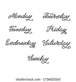 Days of the week. Handwritten weekdays: Monday, Tuesday, Wednesday, Thursday, Friday, Saturday, Sunday. Can be used for 
scrapbooking, bullet journals, to do lists or weekly planners. Vector 8 EPS.