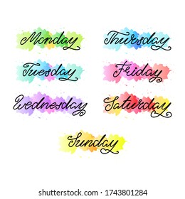 Days of the week. Handwritten weekdays on watercolor background. Can be used for scrapbooking, bullet journals, to do lists or weekly planners. Vector 8 EPS.