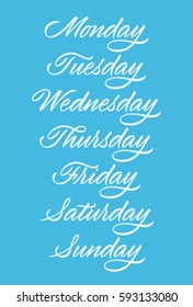 days of week, handwritten words, calligraphy, blue background