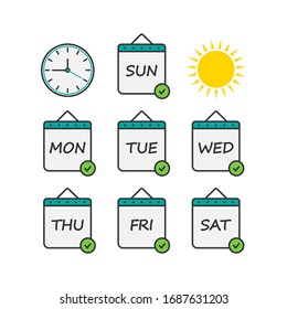 Days of the week icon set. Daily calendar flat design isolated on white background