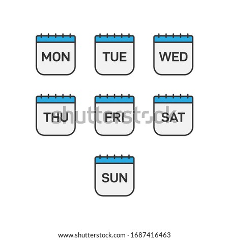 Days of the week icon set. Daily calendar flat design isolated on white background. Vector illustration