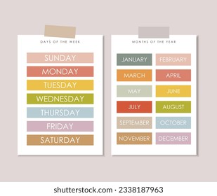 Days of the Week illustration, educational material, kids vector, kindergarten illustration, classroom poster, Months of the Year educational wall art, preschool design, shapes vector