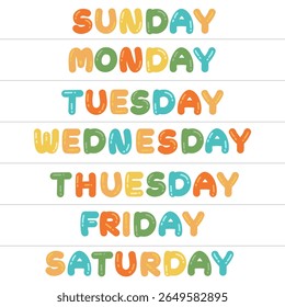 Days of the week illustration Sunday, Monday, Tuesday, Wednesday, Thursday, Friday, Saturday. Wall decor for educational material, kindergarten, classroom poster, education