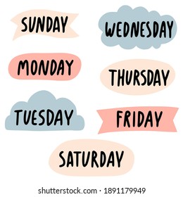 days of the week Lettering with bubbles.  Sunday, Monday, Tuesday, Wednesday, Thursday, Friday, Saturday. Modern calligraphy, hand lettering for schedule, calendar, To do list. Isolated vector set