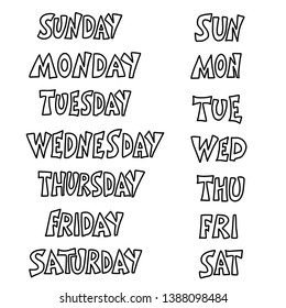 Days Of The Week Lettering. Set Of Stylized Words. Vector Illustration.