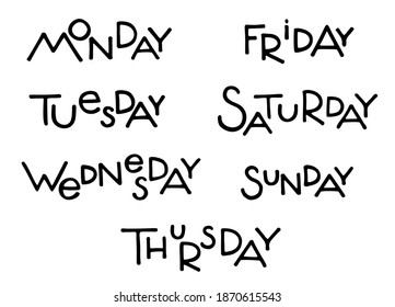 Lista de días de semana aislados en blanco. Letras modernas dibujadas a mano