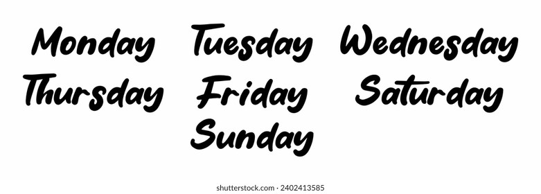 Days of the week, Monday Tuesday Wednesday Thursday Friday Saturday Sunday