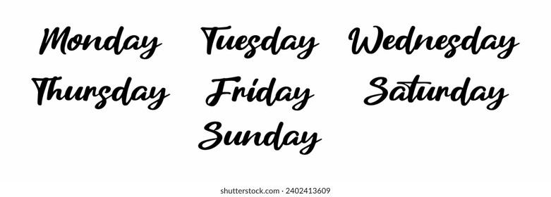 Days of the week, Monday Tuesday Wednesday Thursday Friday Saturday Sunday