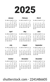 Days of the week months, calendar for 2025, inscriptions in black on a white background, basic calendar