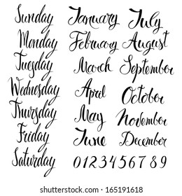 Days of the week, months, and numbers