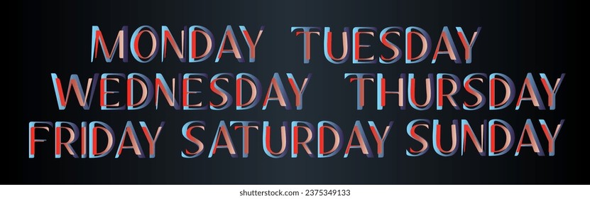 Nombres de días de la semana para el diseño del calendario. Lunes, Martes, Miércoles, Jueves, Viernes, Sábado, Domingo Sobre El Vector De Fondo Negro Eps 10