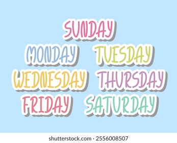 Days of the Week names Stickers set. Cute colorful Doodle Lettering weekdays. Perfect for planner, bullet journal, scrapbooking, Children education Design