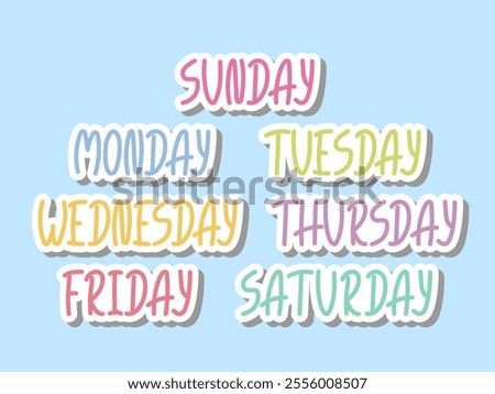 Days of the Week names Stickers set. Cute colorful Doodle Lettering weekdays. Perfect for planner, bullet journal, scrapbooking, Children education Design
