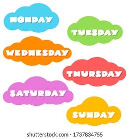 Days of the week. Names of weekdays on a background of colorful clouds. Can be used for scrapbooking, bullet journals, to do lists or weekly planners. Vector 8 EPS.