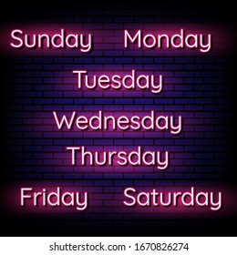 days of the week  neon light banner. Vector Illustration.design template, modern trend design, night neon signboard.