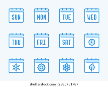 Tage der Woche und Seasons Vektorgrafik-Symbole. Symbol für Kalender, Zeitplan, Datum und Zeitplan. Kurze Bezeichnung der Wochentage von Sonntag, Montag bis Samstag.