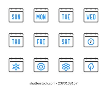 Tage der Woche und Seasons Vektorgrafik-Symbole. Symbol für Kalender, Zeitplan, Datum und Zeitplan.