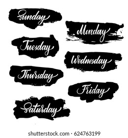 Days of the week set with black spots. Vector illustration: brush calligraphy, hand lettering. For calendar, schedule, diary, journal, postcard, label, sticker and decor