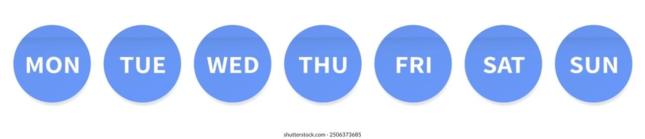Days of the week. Set of blue round paper stickers. Stick in notes. Sheets of paper. Tag, sticky note. Calendar or weekly planner, schedule organizer. Seven days	