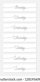 Days of the week. Set of words handwritten inscription. One line drawing of word