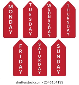 Days of Week, seven days of the week, red and white color and plain white background Art, cart and poster for social media, editable vector file.