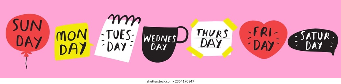 Days of the week. Stickers. Graphic design on pink background. Lettering. Hand drawn vector illustrations. Best for social media. Sunday, Monday, Tuesday, Wednesday, Thursday, Friday, Saturday. 