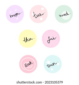 Days of week stickers for planner vector set.Colorful stickers for planner in pastel colors.Set of  planner stickers in modern style. Trendy sweet colors. Round elements. Isolated on white background