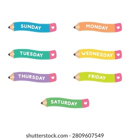 Days of the week stickers set with cute colorful school pencils vector illustration.