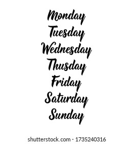 Days of the week - Sunday, Monday, Tuesday, Wednesday, Thursday, Friday, Saturday. Days of the week. Calligraphy words for calendars and organizers