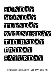 Days of the week: Sunday, Monday, Tuesday, Wednesday, Thursday, Friday, Saturday