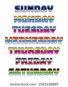 Days of the week: Sunday, Monday, Tuesday, Wednesday, Thursday, Friday, Saturday. vector illustration