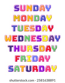 Days of the week: Sunday, Monday, Tuesday, Wednesday, Thursday, Friday, Saturday. vector illustrations