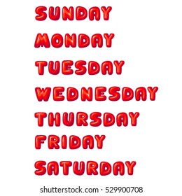 Days of the week: Sunday, Monday, Tuesday, Wednesday, Thursday, Friday, Saturday