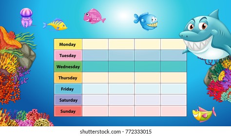 Days of the week table with underwater background illustration